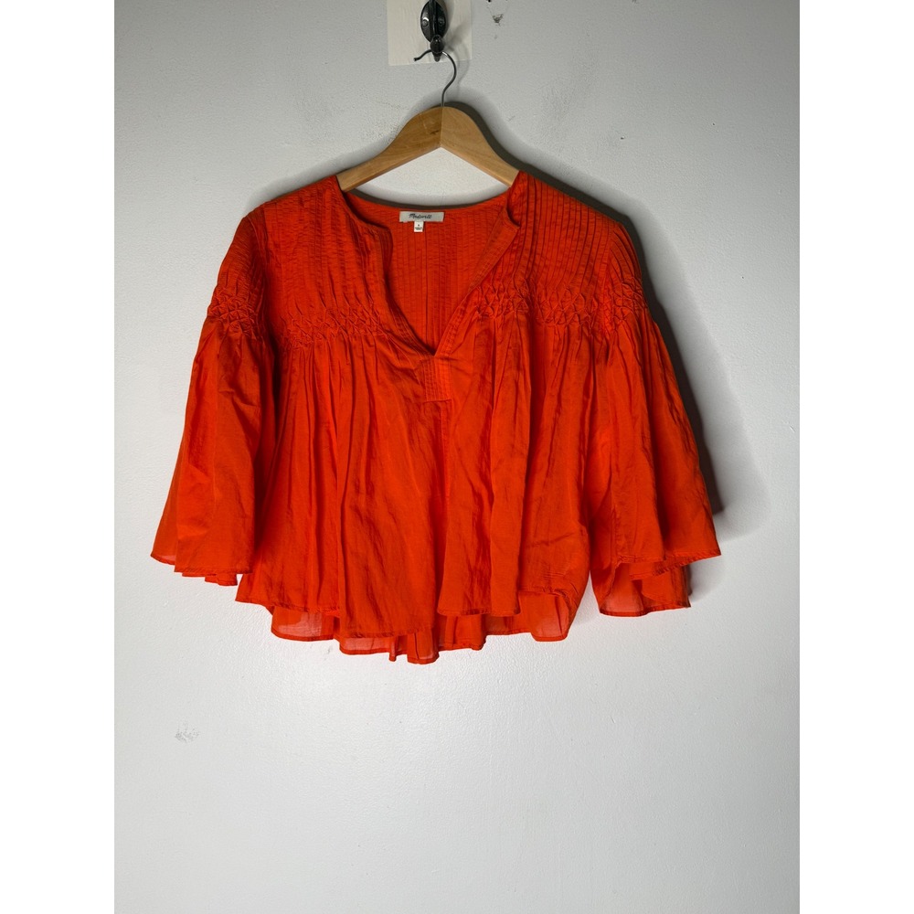 Madewell Smocked V-Neck Pintuck Bell Sleeve Blouse Orange NV205 Womens Small